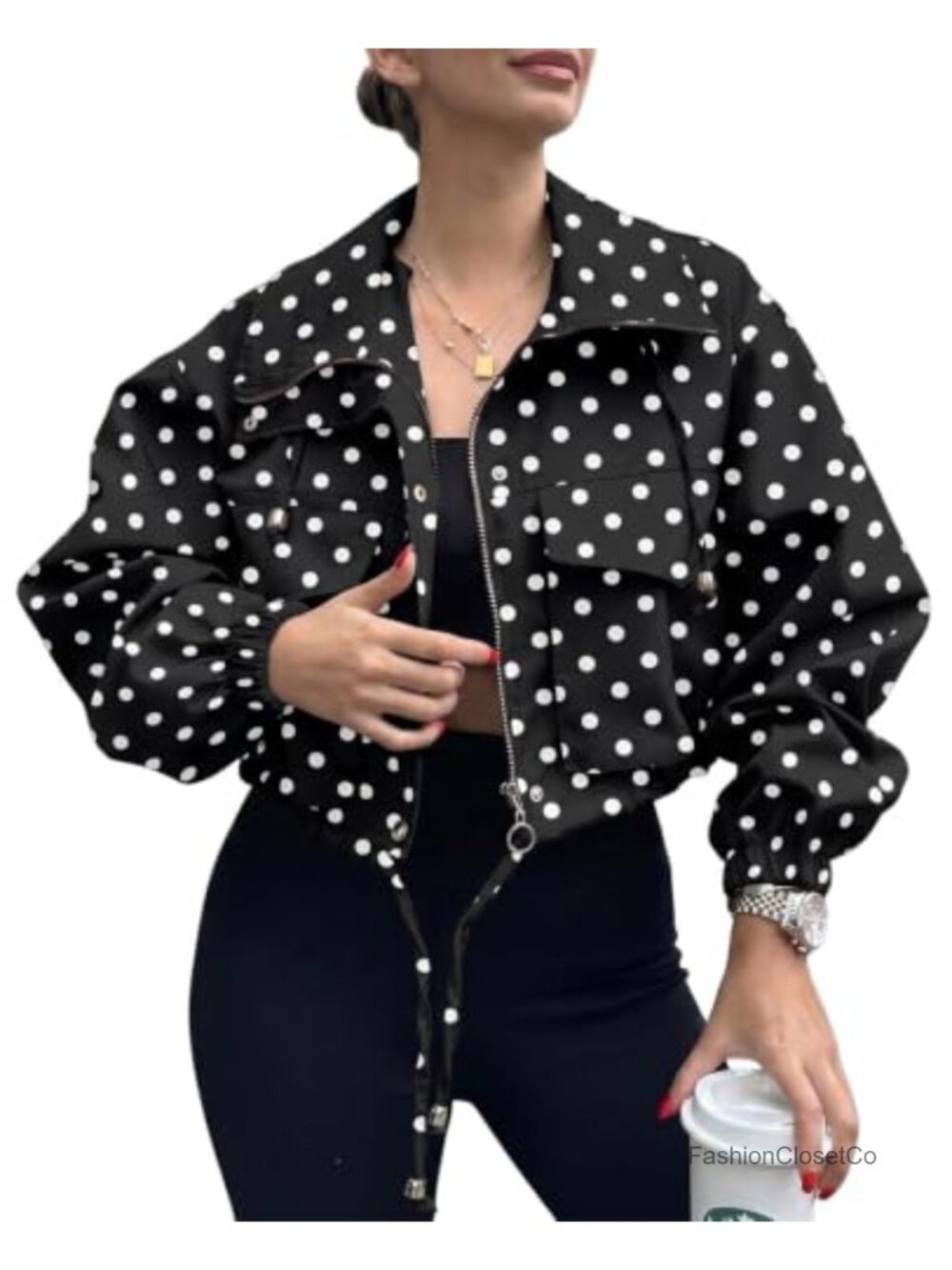 Cropped Bomber Jacket Polka Dots Zip Up Lightweight Coat